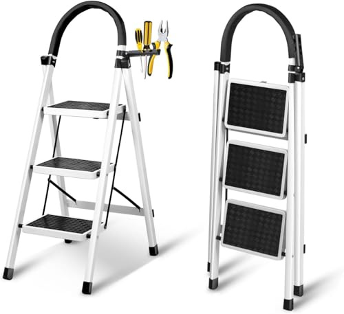 S SHAM® 3-Step Ladder, 3 step Folding Steel Ladder, 79 cm Height, Non-Slip Pedals, 150 kg Capacity, Lightweight step ladder, WHITE