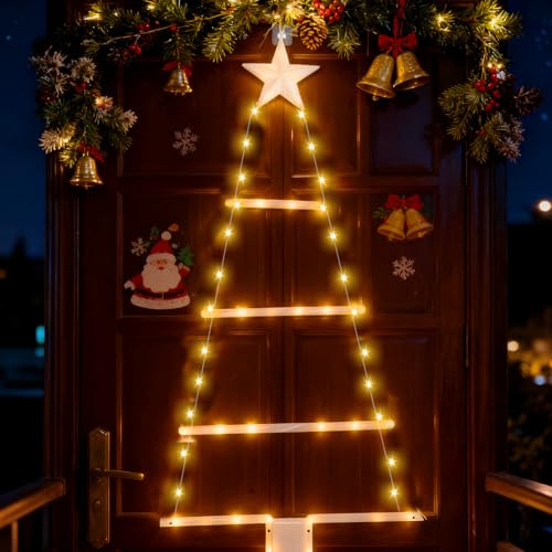 Dongcill Weihnachtsbeleuchtung Außen Batterie, Weihnachtsbaum Leiter+ Haken | Weihnachtsdeko Fenster Beleuchtet, Wand Weihnachtsbaum Led, Fensterdeko Weihnachten Beleuchtet, Leiter Lichterkette