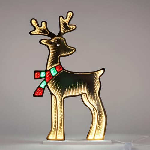 Rentier Aufsteller 48cm mit Infinity Effekt Beleuchtung | 311 LED, 3D Weihnachts Dekofigur, Beidseitig warm weiß beleuchtet, Spiegeltunnel Deko, Für Innen