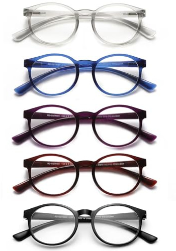 SKYWAY 5 Pack Occhiali da Lettura per Donna/Uomo - Occhiali da Lettura per Computer con Filtro Luce Blu/Montatura Rotonda Leggera - Occhiali da Vista Retrò con Lenti Trasparenti
