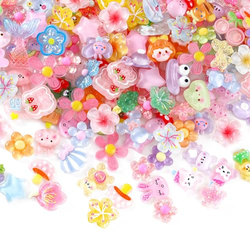 Copbopwn 100 PCS Mixed Cute Slime Charms Bulk Set, Kawaii Flatback Resin Charms for Slime Making, DIY Crafts, Junk Journal, Phone Case Decoden, Scrapbooking Embellishments, Random Style