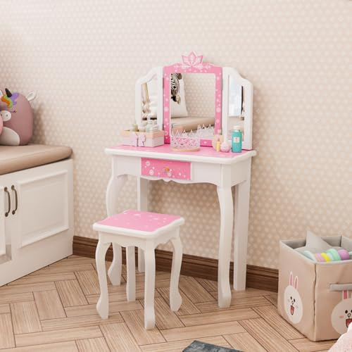 Bonnlo Ensemble Coiffeuse Enfant Fille avec Miroir à Trois Volets, Bureau 2 en 1 Idéal pour Chambre d'enfant, Dimensions 60 x 30 x 98 cm (Blanc + Rose)