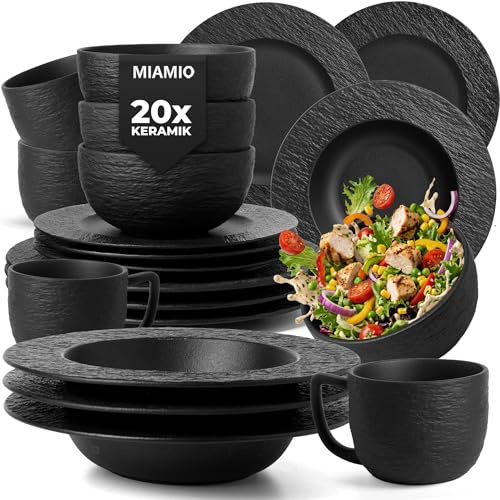 MIAMIO – Set di stoviglie da 16 pezzi/Stoviglie moderne in ceramica/Stoviglie da tavola/Set per 4 persone - Collezione Oasis (Nero, 20x)