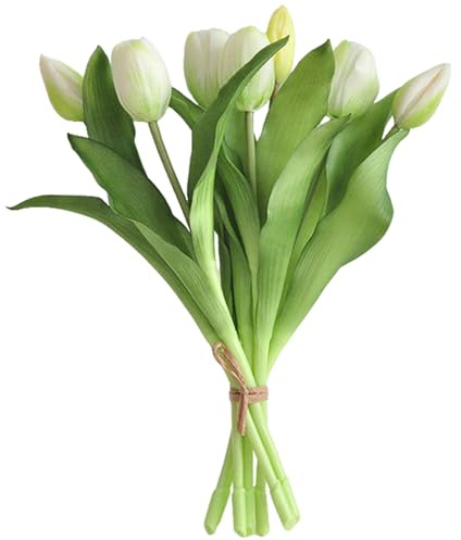 7 Stück Künstliche Tulpen,Tulpen Künstlich Wie Echt Emulsion(Weiß und Grün) | Künstliche Blumen 32 cm Künstliches Tulpenbündel Frühlingsdeko für Muttertag Geburtstag Hochzeit Valentinstag