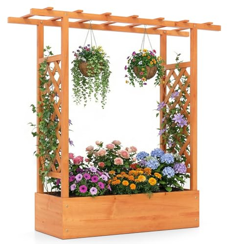HOMASIS Bac de Jardin Surélevé avec Toit Plat et Treillis Latéral, Jardinière 2-en-1 en Bois de Sapin avec Trous de Drainage, pour Plantes Grimpantes, Fleurs, Légumes (Orange,110x35x114cm)