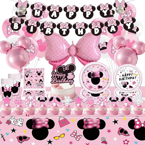 86Pcs Mouse Birthday Decorations, Pink Birthday Party Decorations with Balloons Cake Toppers Banner Plates Tablecloth Cup for Fans Kids Girls