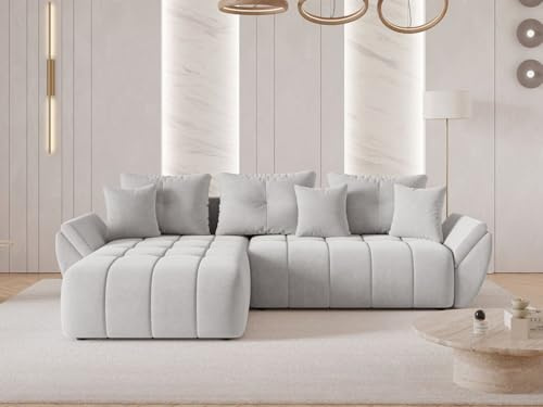 GRAINGOLD Decor L Ecksofa modern mit Bettfunktion, 280x190, L-Form Sofa, Schlafcouch für Wohnzimmer, Veloursstoff, 3-Sitzer Eckcouch, Ecksofa mit Bettkasten (Grau)
