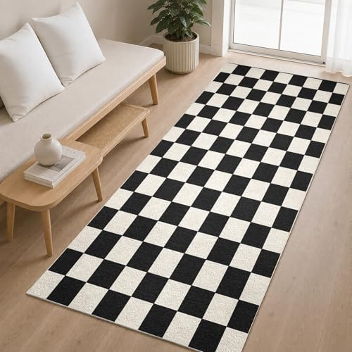 Generisch Karomuster Teppich Läufer 60x180cm, Schwarz Weiß Kariert Teppichläufer, Weich Kurzflor Lang Flurläufer Flur Schlafzimmer Bettvorleger Wohnzimmer, rutschfest und Waschbar