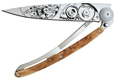 Deejo Taschenmesser WATCH MOVEMENT 37G WACHOLDER, Stahl AISI 420, Liner-Lock, Wacholder, Gürtelclip, Deejo-Box