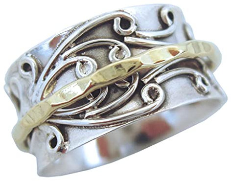 Energy Stone RADHA Ring floral gemustert aus Sterlingsilber mit Messing Drehring (Style UK05)