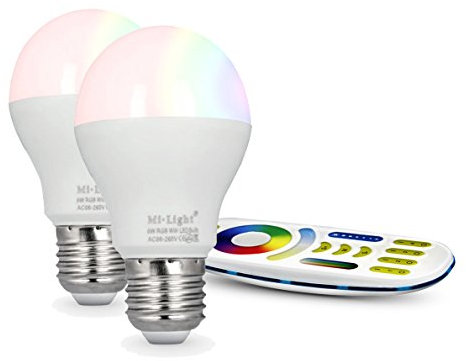 lighteu®, 2x 6W E27 Milight MiboxerWiFi E27 6W 2.4G RF télécommande Ampoule LED RGBCCT avec télécommande 4 zones