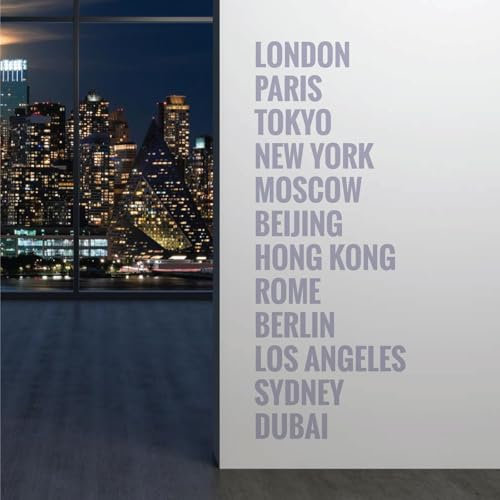 Cities of The World Wandaufkleber/Wandtattoo, Motiv Study, Office Space, London, Paris, New York, Dubai. Medium (220 x 580mm) hellgrau