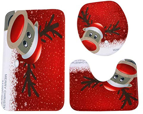 BESTOYARD Badematten 3tlg Sockel Mat Set Weihnachten Rentier Gedruckt Muster WC Deckel Toilettenmatte Set rutschfeste Bad Teppich Weihnachtsdeko 3 Stück