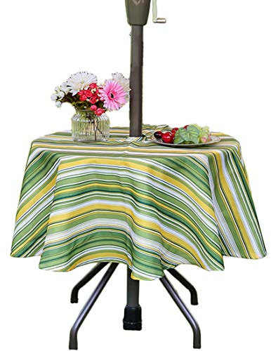 Eternal Beauty Runde Tischdecke, wasserdicht, mit Schirmloch für Terrasse, Frühling, Sommer, 132 cm, Grün gestreift