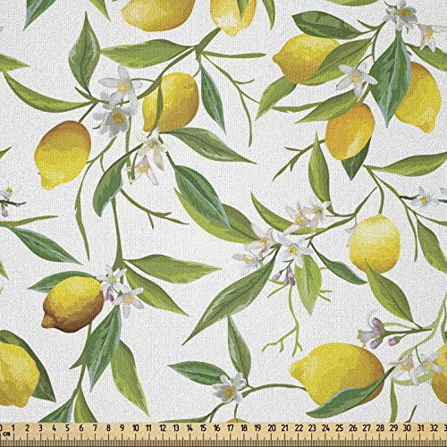 ABAKUHAUS Natur Stoff als Meterware, Lemon Woody Romantic, Microfaser Multi Zweck Dekostoff für Kunsthandwerke, 3M (230x300cm), Farngrün Gelb Weiß