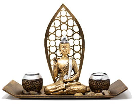Deko-Set Buddha mit 2 Teelichthalter Schale Buddhafigur zur Meditation Entspannung oder Geschenkidee