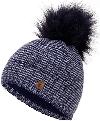 Faera Wintermütze Mütze Damen warm gefüttert Kunstfell Bommel Bommelmütze Fleecefutter Winter Strickmütze Beanie Mütze 31, Farbe:Dunkelblau