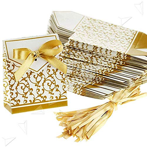 Gastgeschenke Süßigkeiten 50pcs Geschenkbox Taufe Geburtstag Geschenkschachtel Dreieck Schokolade Schachtel mit Band Tischdeko Hochzeit Weihnachten Geschenkverpackung für Party Kommunion