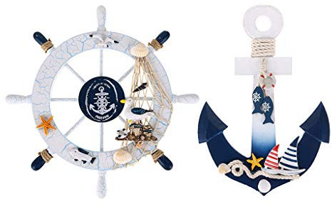 Skelang 2 Pack 28cm Anchor Wall Decor, Wooden Ship Wheel and Anchor with Rope Nautical Boat Steering Rudder, Ships Wheel Wall Art for decoration