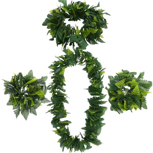 ABOOFAN 4 Stück in 1 Set Grüne hawaiianische Partygirlande Künstliche Blätter Stirnband Lebensechte Blätter Halsschlaufe Armband Simulieren tropischen Strand Luau Party Phantasie Lieferungen