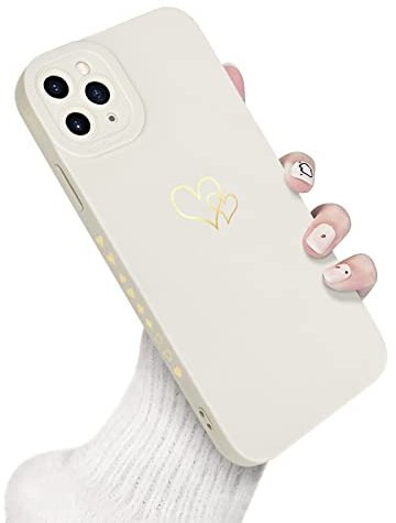 Newseego Kompatibel mit iPhone 11 Pro Max,Hülle,Frauen Mädchen Niedliche Gold Liebesherz Muster Weiche Flüssigsilikon Kleinen Herzen auf der Seite Stoßfeste Schutzhülle für iPhone 11 Pro Max-Weiß
