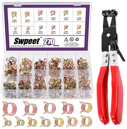 Swpeet 271 fascette stringitubo a molla da 7 a 22 mm con fascia piatta girevole pinza per tubo flessibile del carburante, kit di assortimento, tubo flessibile in silicone per tubo flessibile di azione