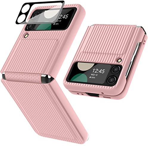Miimall for Samsung Galaxy Z Flip 4 Case with Hinge Protection, [Sliding Hinge] [Glass Camera Lens Protector] PC Ultra-Thin Shockproof Anti-skid Full Protective Cover Case for Z Flip 4-Pink