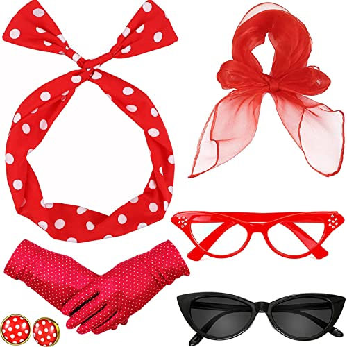 HEAWAA 50er Jahre Kostüm Accessoires, 6 Stück 60er Jahre Damen Zubehör Set mit Chiffon Schal Polka Dot Kopftuch Handschuhe Cat Eye Brille und Ohrringe für Vintage Party Karneval