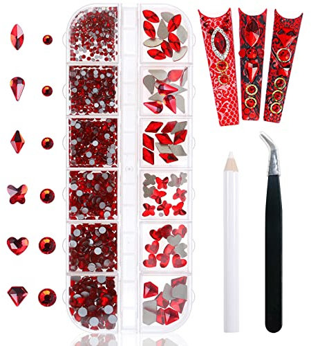 Yatinkim 810pcs Red Nail Art Rhinestones Set Crafts Eye Face Gems Nail Jewels Manicure Charms Design Makeup Supplies Accessories Shiny Wax Pencil