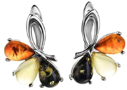 Ohrringe Bernstein 3 Blätter in Sterling Silber 925, 3-farbig - Lemon gelb, braun Cognac und Grüner Bernstein, Silberohrringe Damen, Frühjahr 2022 Kollektion
