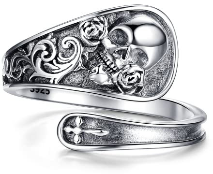 ZLILIJAN Skull Rings 925 Sterling Silver Spoon Ring Gothic Skull Adjustable Ring Rose Flower Statement Ring Vintage Victorian Jewelry for Women (Skull Spoon Ring), Metal, Cubic Zirconia