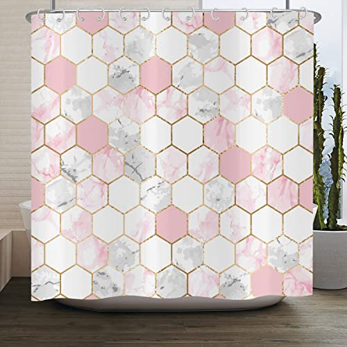 ASDCXZ Duschvorhang Marmor 180x180 cm, Modern Leichter Luxus Rosa Gold Grau Marmor Optik Bad Duschvorhänge Waschbar Polyester Textil Wasserdicht Duschvorhang für Badewanne mit 12 Duschvorhang Hake