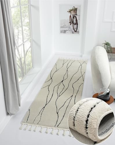 MY-RUG Teppich Linnea rechteckig weiß schwarz mit Muster und Linien, Wohnzimmerteppich kurzflor Shaggy, Boho & geometrisch, Schlafzimmer Teppich im Landhaus Stil