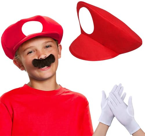 SEMINISMAR Kostuim Zubehör: Rot Mutzen Handschuhen Klebe-Barten für Erwachsene und Kinder, Brüder Kostüm, Cosplay, Karneval, Halloween