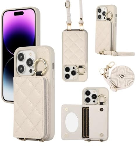 XMTON iPhone 13 Pro Case with Card Slots & Ring Kickstand iPhone 13 Pro Wallet Case Slim thin Leather Crossbody Cover for Women, White