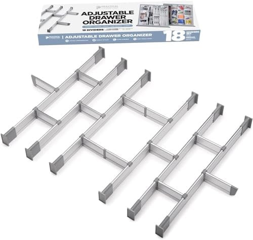 Schubladen-Organizer, Verstellbarer Schubladeneinsatz aus Aluminium für Clutter-Freie Küche, Schubladen, Büro, Klinik, Set aus 18 Trennelementen (6 lang + 12 kurz) 44.5-50 cm tief VERBESSERT