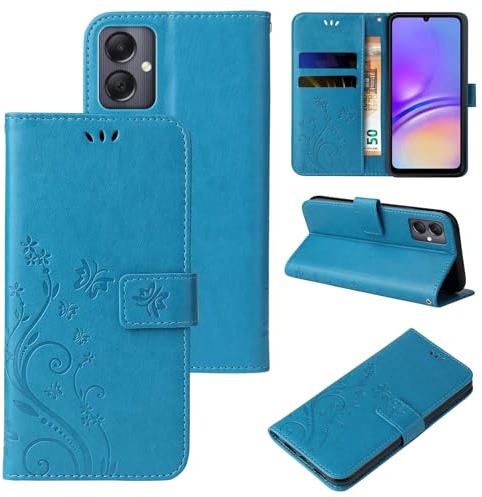 LBH Handy Hülle für Samsung Galaxy A05 Case Handytasche Schmetterling Blumen Flower Standfunktion Schutzhülle Magnet Rundum Schutz 360 Grad Flipcase Cover Blau