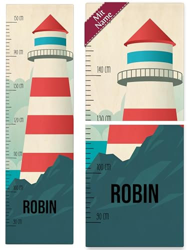 Messlatte Kind Holz - Meer - Kindermesslatte Leuchtturm mit Name I Seezeichen I Maritim I Küstenmotiv - 90-150 cm - Holz - kinder baby geschenke messlatte+kinder+holz