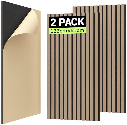 TONOR 2 PCS Wood Slat Panels, 48 x 24 x 0.83 Adhesive Acoustic Panels for Wall, Decorative 3D Fluted Panels for Sound Absorbing, Soundproof Panels with Wood Finish for Living Room, Dark Walnut