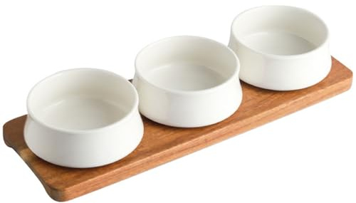 Dxcaicc 3 Confezioni di Patatine in Ceramica e Piatto da Portata con Vassoio in Legno, Mini piattini da Immersione Ciotole, Piatti da Immersione per condimenti, contorni, Dessert, Salsa,Bianca