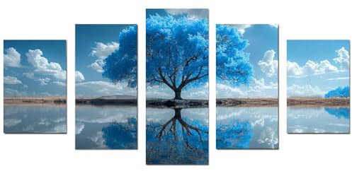 JOSUE 5 pezzi Quadro Albero Della Vita Da Parete Alberi blu Lago Nuvole Quadri Su Tela,Blu Poster Da Parete Camera Da Letto Casa Ufficio Decorazioni-100x200cm Non incorniciato