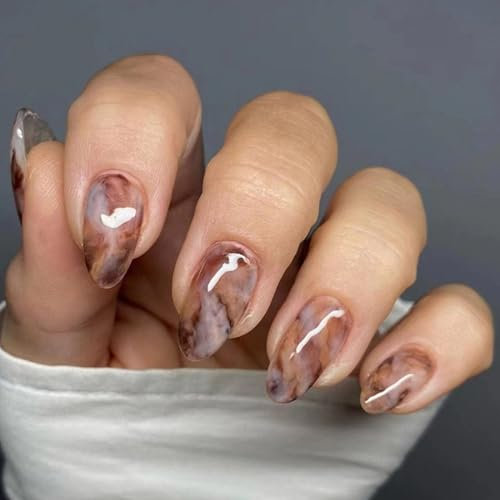 Resweky Almond Halo Teinture Faux Ongles Marron Français Long Ongles Faux Impression sur Ongles Couverture Complète Ongles Acrylique Pour Femmes Et Filles