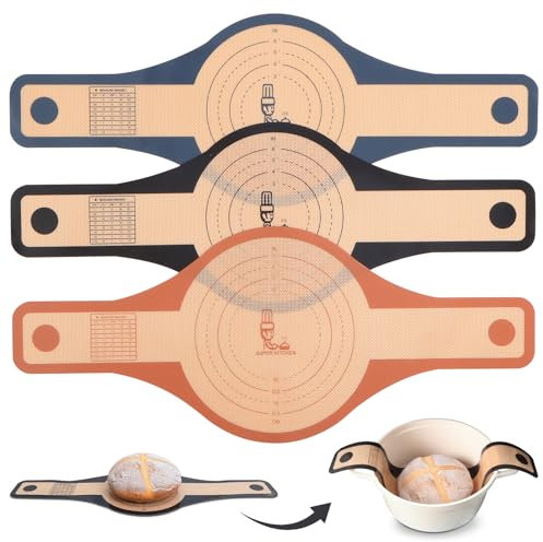 SUPER KITCHEN 3 correas de pan de silicona de 2 tamaños de 24 cm y 21 cm para horno holandés con asas extra anchas y largas, correa de masa madre antiadherente para transferir masa agria, alfombrilla