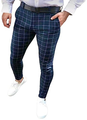 Rrongwn Pantalones chinos para hombre, a cuadros, ajustados, elegantes, formales, de pierna recta, con bolsillos, para negocios, tiempo libre, zanahoria, pantalones de verano, marine, L