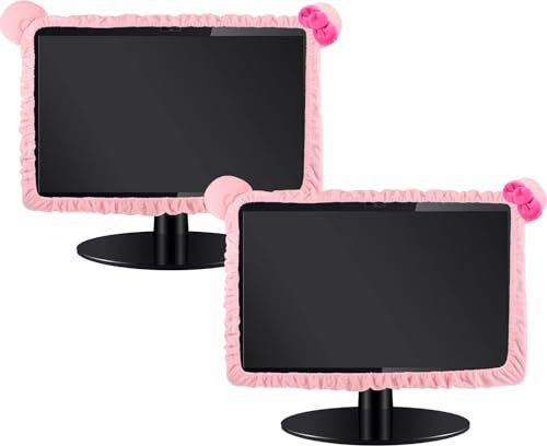 2 Pcs Kawaii Cat Ear Design: 2 Pcs Furry Pink Monitor Covers, Cute Dust Protectors for Laptop, TV & LCD Screens (43-55cm*32*34cm)