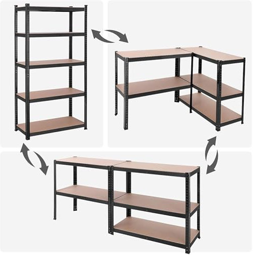 KARAT - Étagères pour Charges Lourdes - Étagères Enfichables avec 5 tablettes réglables – Rayonnages en métal Idéal pour Cave Garage Entrepôt - Noir 150 x 75 x 30 cm