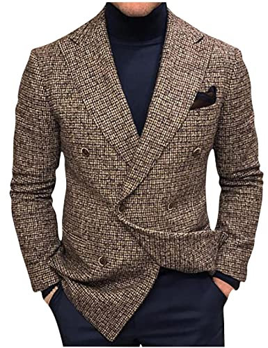 Men's Blazers, Tweed Jacket for Men Casual Double Breasted Blazer Jacket Vintage Formal Suit Jackets Regular Fit Long Sleeves Smart Suit Blazer for Wedding Business Brown