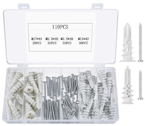 110 Pcs Self Drilling Plasterboard Fixings, Heavy Duty Raw Plugs and Screws for Plasterboard Wall, Nylon Drywall Hollow Cavity Wall Fixings Anchors and Drywall Anchors (White)