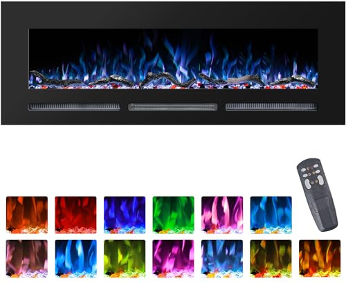 Rodalflame 152cm/60 Elektrokamin für Wandmontage und Einbau mit Fernbedienung, einstellbare Helligkeit, 13 Flammenfarben mit Scheitholz und Kristall, 9 Stunden Timer
