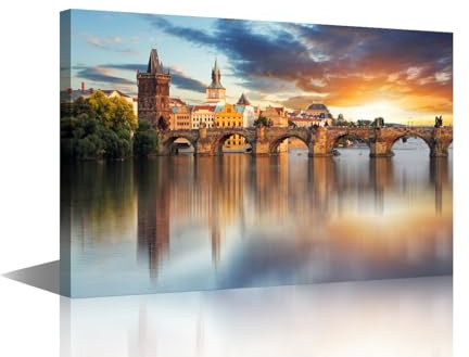 1 Paneel großer Wandkunst, Prag – Karlsbrücke, Tschechische Republik, Bilder auf Leinwand für Wohnzimmer, Schlafzimmer, Dekoration, moderne Kunst, Landschaftskunst, gerahmt, fertig zum Aufhängen, 91,4
